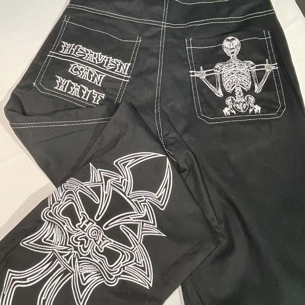 Heaven Can Wait Skeleton Relaxed Wide leg Embroidered Pants Black Size M 27” ins